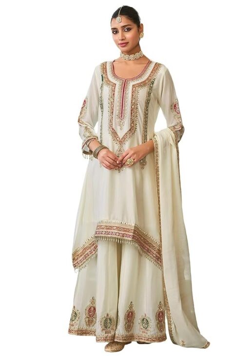 INDO ERA Women's A-Line Chinon Ethnic Motifs Embroidered Kurta & Palazzo with Dupatta Set