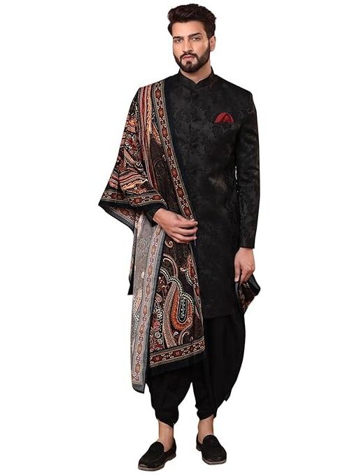 KISAH Indowestern Men's Ethnic Wear Silk Blend Woven Design Regular Fit Black Indo-Western Sherwani Set Indo-Western