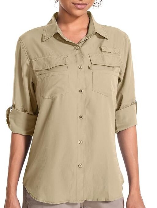 Toomett Long Sleeve Shirts for Women Hiking Fishing Safari Camping Travelling Button Down Quick Dry Convertible to Short Sleeve,F5026,Khaki
