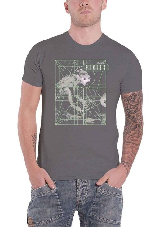 Pixies Men's Monkey Grid Charcoal T-Shirt Dark Grey