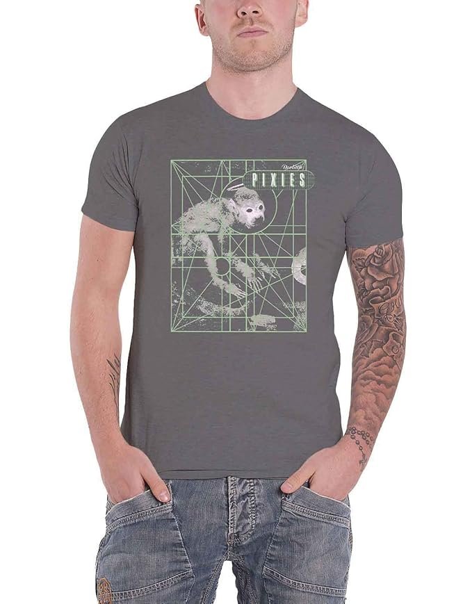 Pixies Men's Monkey Grid Charcoal T-Shirt Dark Grey