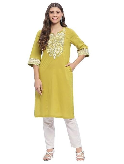 BIBA Women Cotton Straight Embroidered Kurta