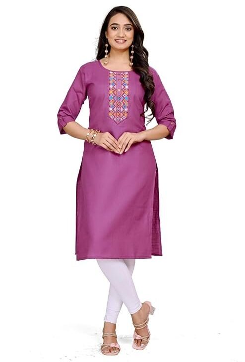 Women's Purple Embroidered Cotton Kurti, Traditional Indian Style, 3/4 Sleeve Casual Wear