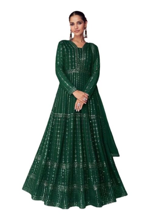 Miss Ethnik Women's Faux Georgette Stitched Top With Unstitched Santoon Bottom and Dupatta Full Sleeve Embroidered Anarkali Gown