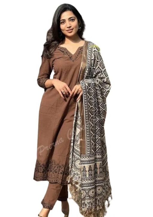 ADINATH-TRADERS Women Pure Cotton Brown Kurti Pant Dupatta Set