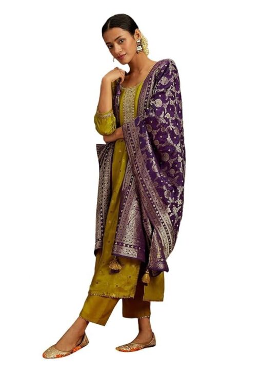 Libas Green Self Design Silk Straight Kurta With Trousers & Dupatta