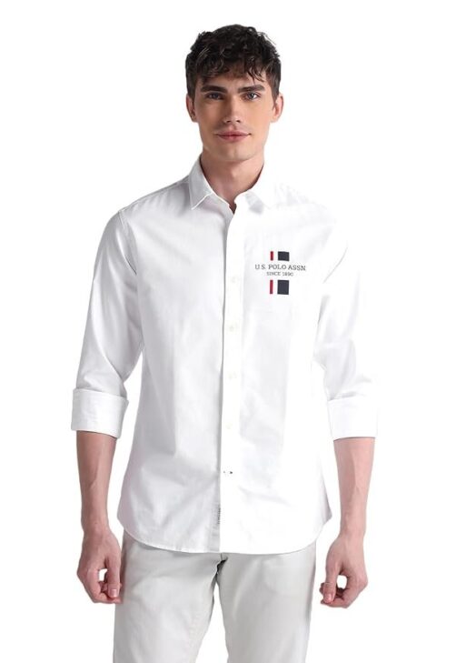 U.S. POLO ASSN. Mens White Solid Collared Neck Long Sleeve Men's Casual Shirts