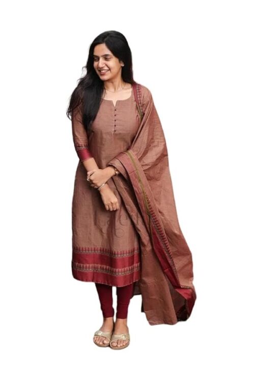 Sagar Collection Women's by Dark Brown Kanchi Cotton Kurta with Pent and Dupatta Suit Set.