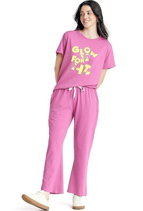 ZEYO Night Suit for Women's Typography Printed Cotton Night Dress of Top and Wide Bottom Pyjama