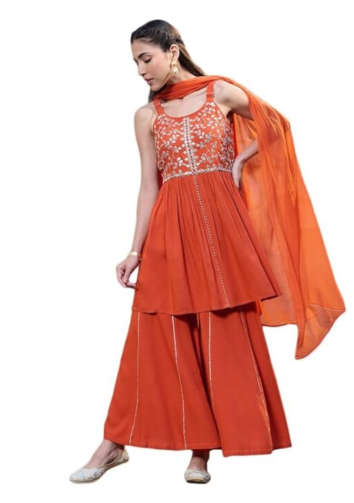 Stylum Women's Solid & Embrpodered Rayon Short Kurti Sharara Dupatta Set