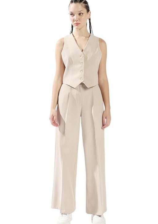 High Star Women Solid Regular Length Tailored Fit V Neck Sleeveless Waistcoat and Wide Leg Trouser Co-ord Set
