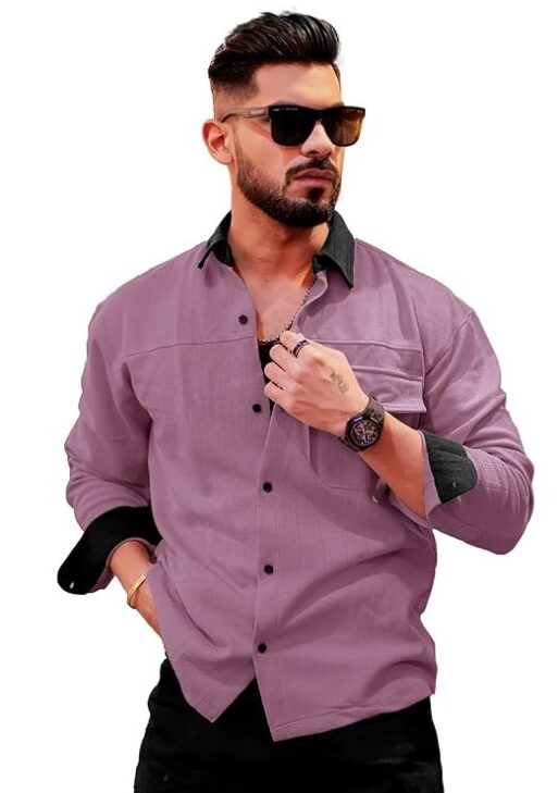 Maniac Mens Solid Collared Neck Full Sleeve Biscuit and Black Cotton Shirt