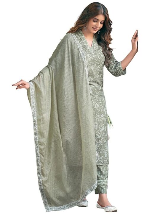 SKYLEE Women's Rayon Floral Printed and Printed Lace Straight Kurta with Pant & Dupatta