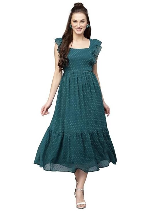 Sugathari Georgette Jacquard Butti Square Neck Knee Length Western Dresses for Women (Dress2 89)