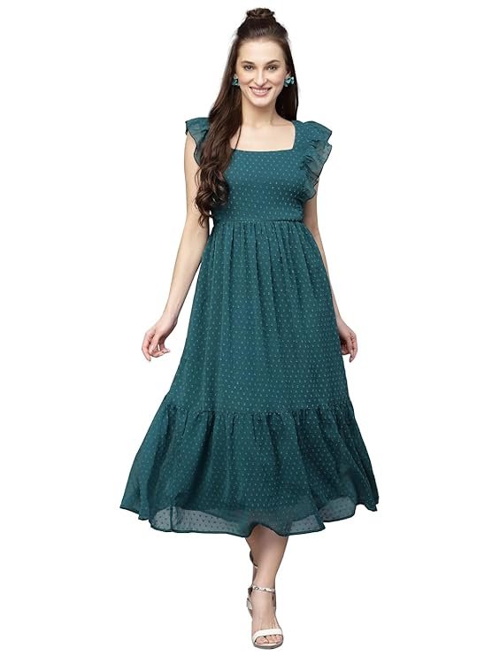 Sugathari Georgette Jacquard Butti Square Neck Knee Length Western Dresses for Women (Dress2 89)