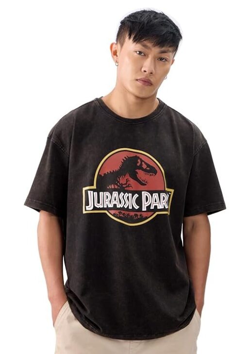 The Souled Store Official Jurassic Park: Logo Vintage Wash Men and Boys Short Sleeves Round Neck Black Graphic Printed Cotton Oversized T-Shirts