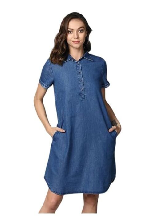 AHAVENIC Shop Women's Denim Solid Collar Neck Short Sleeve Dress (Blue)-PID61539