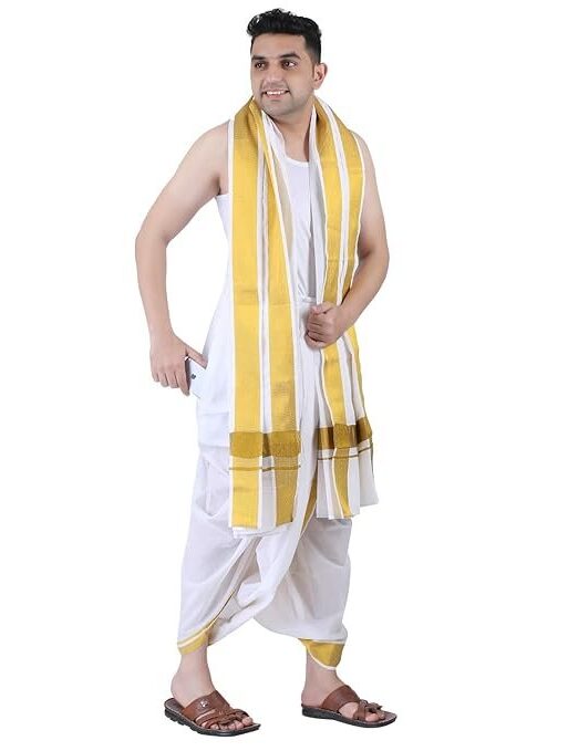 PRAKASAM COTTON Men Cotton Panjakejam (Ready To Wear) Casual Style Dhoti Towel Set With Pocket