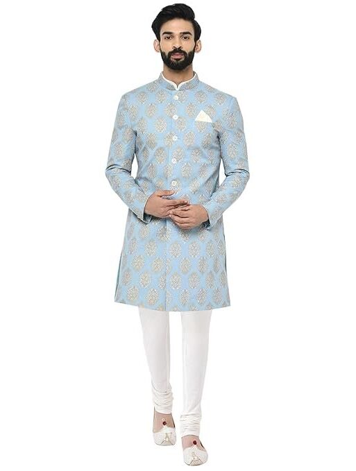 KISAH Men Blue Printed Indo-Western Sherwani Set Indo-Western, Full Sleaves, Knee Length, Straight, Regular Fit, Mandarin Collar Ethnic wear
