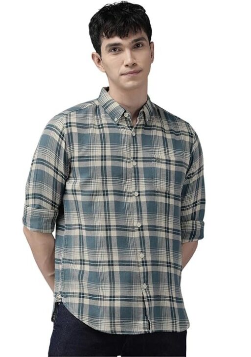 THE BEAR HOUSE Men's Checked Slim Fit Flannel Casual Shirt | Blue & White | TBH-BASTA-BL