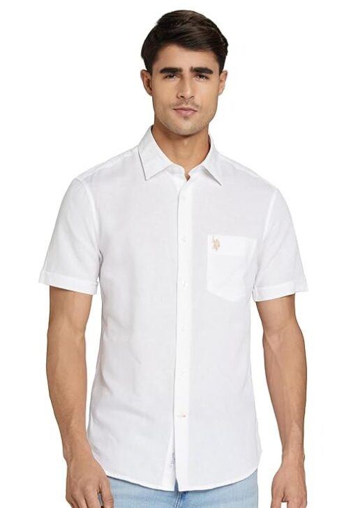 U.S. POLO ASSN. Men's Solid Cotton Linen Spread Collar Half Sleeve Shirts