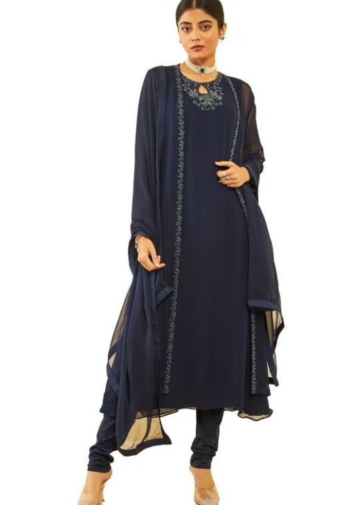 Soch Womens Georgette Beadwork Embellished A-Line Chudidar Suit Set with Shrug