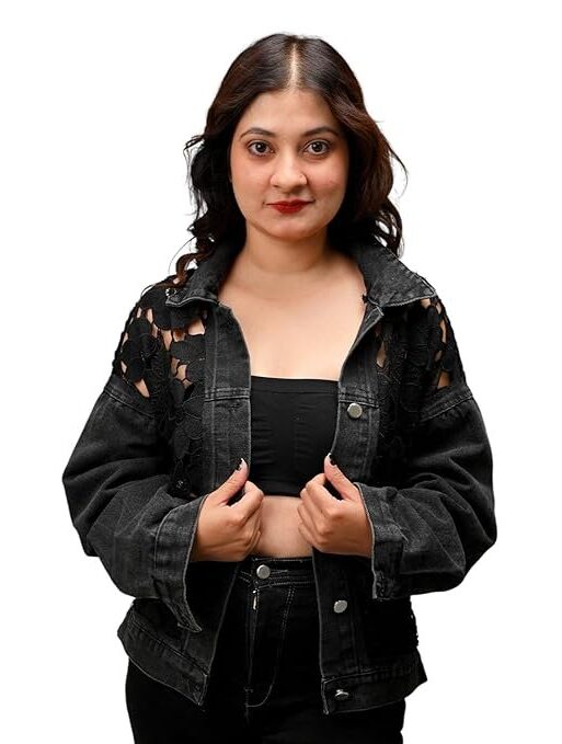 Bithsha Black Floral Cut-Out Back Denim Jacket for Women | Unique Designer Embroidered Lace & Ventilated Mesh Back | Regular Fit Casual Outerwear | Stylish Gift for Girls, Birthday & Anniversary