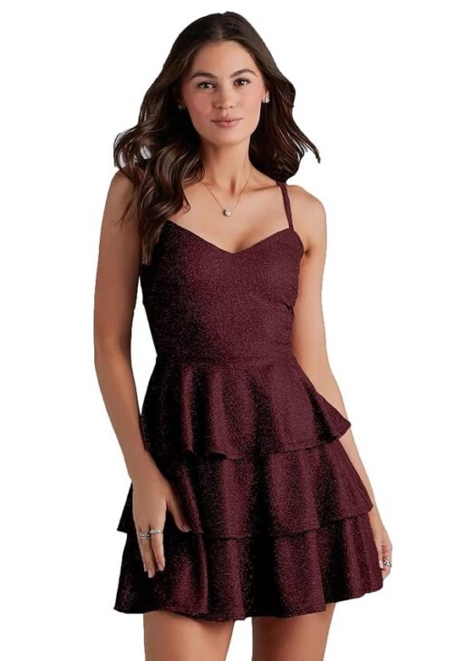 ADDYVERO V-Neck Shoulder Straps Sleeve Glam Glitter Ruffled Tiered Fit Above Knee Length Women Solid Fit and Flare Dress