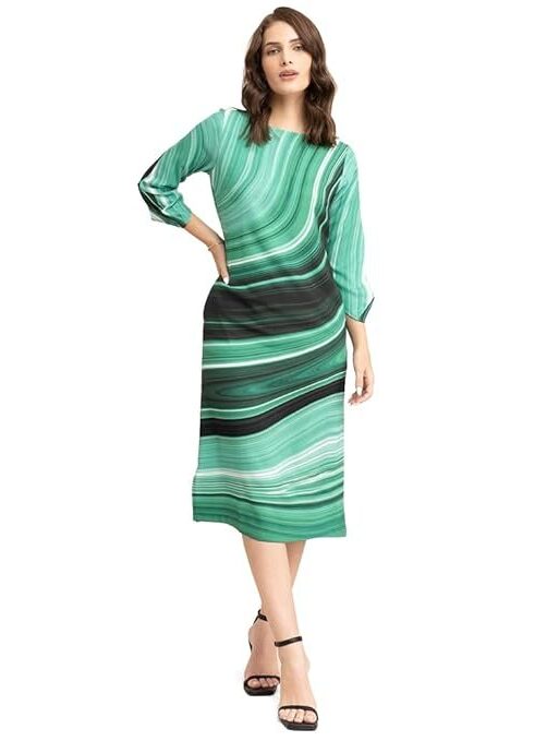 FableStreet Women's Formal V-Neck Green Marble Print Dress