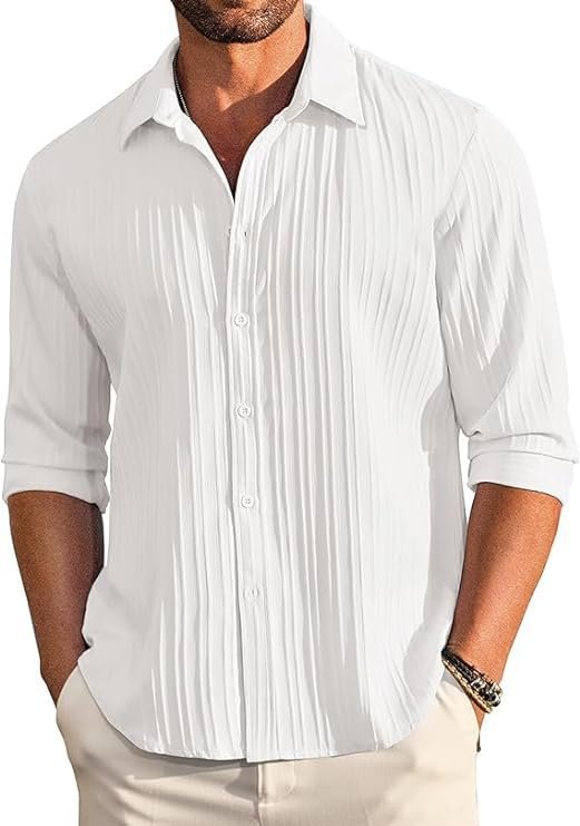 CB-COLEBROOK Men's Casual Button Down Shirts Long Sleeve Linen Shirt Fashion Textured Beach Summer Shirts